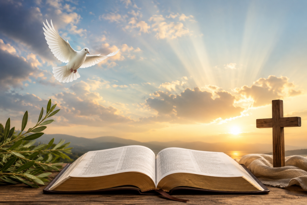 A serene spiritual scene with an open Bible on a rustic wooden table, a wooden cross beside it, a white dove flying overhead, and golden sunlight streaming through dramatic clouds over distant hills, creating a peaceful and reverent atmosphere.