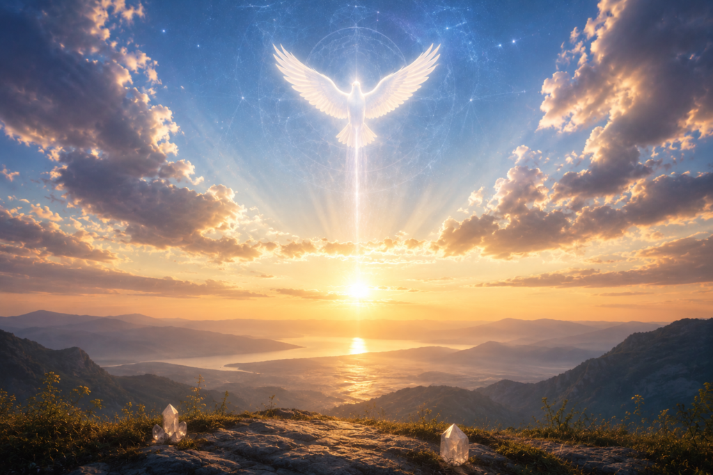 A glowing dove of light hovers above a peaceful mountain landscape at sunrise, with golden rays illuminating distant hills, a shimmering lake, soft clouds, and crystal formations in the foreground, creating a serene spiritual atmosphere.