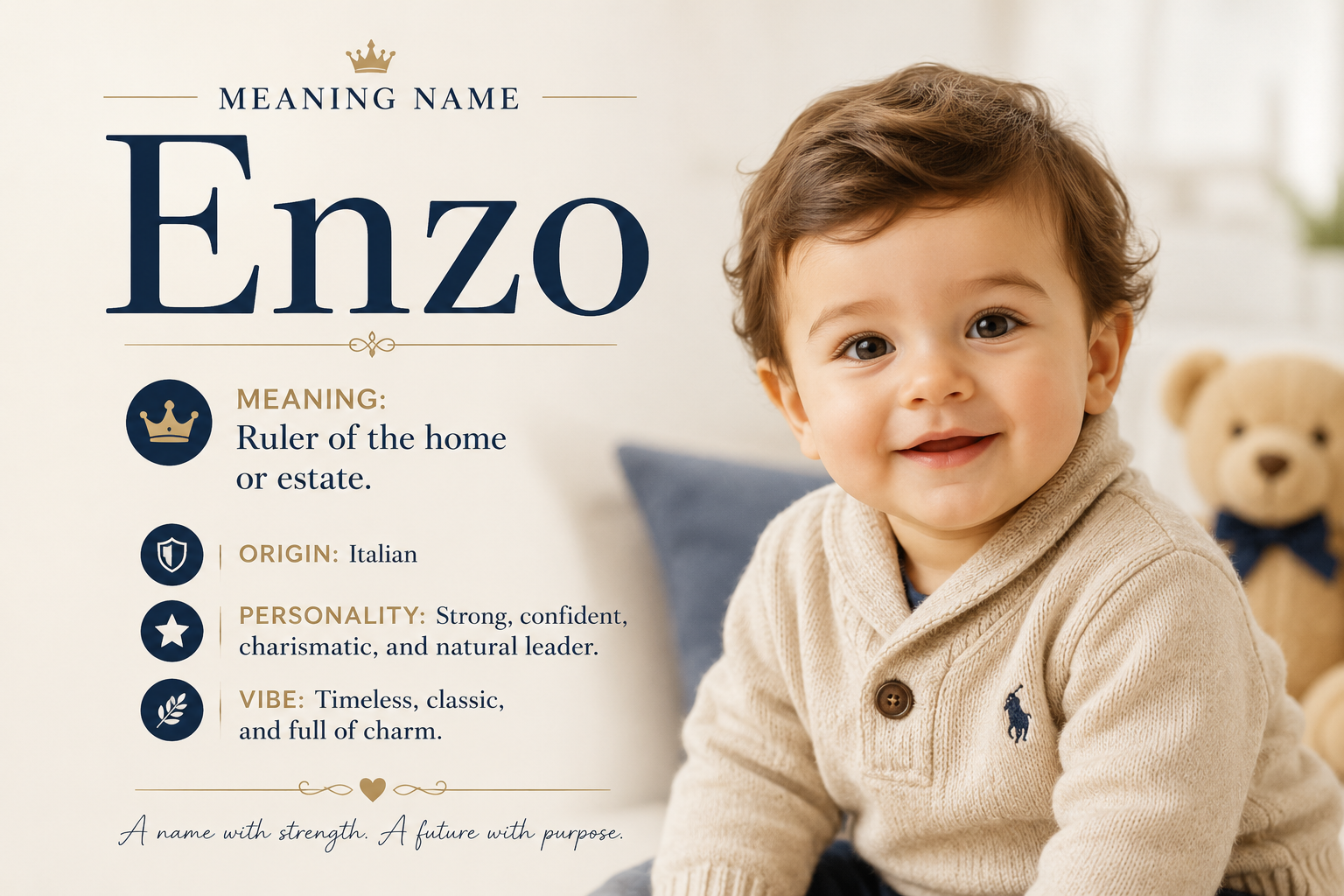 Meaning Name Enzo feature image showing a smiling baby boy in a cozy cream sweater beside a clean, elegant name meaning layout with a soft beige and navy color palette, representing the meaning, origin, and timeless charm of the name Enzo.