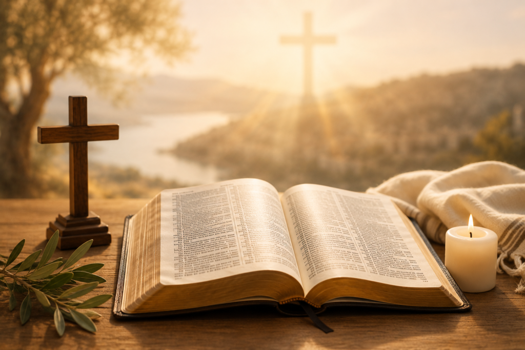 A warmly lit open Bible resting on a wooden table beside a wooden cross, a glowing candle, and olive branches, with a radiant cross in the distant sky, symbolizing faith, hope, and biblical inspiration.