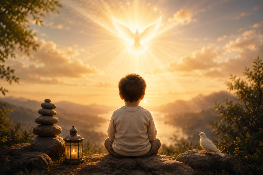 A peaceful spiritual landscape featuring a child sitting quietly on a rock at sunrise, overlooking a glowing valley with a radiant dove in the sky, a lantern, stacked stones, and nature elements symbolizing faith, peace, hope, and spiritual guidance.