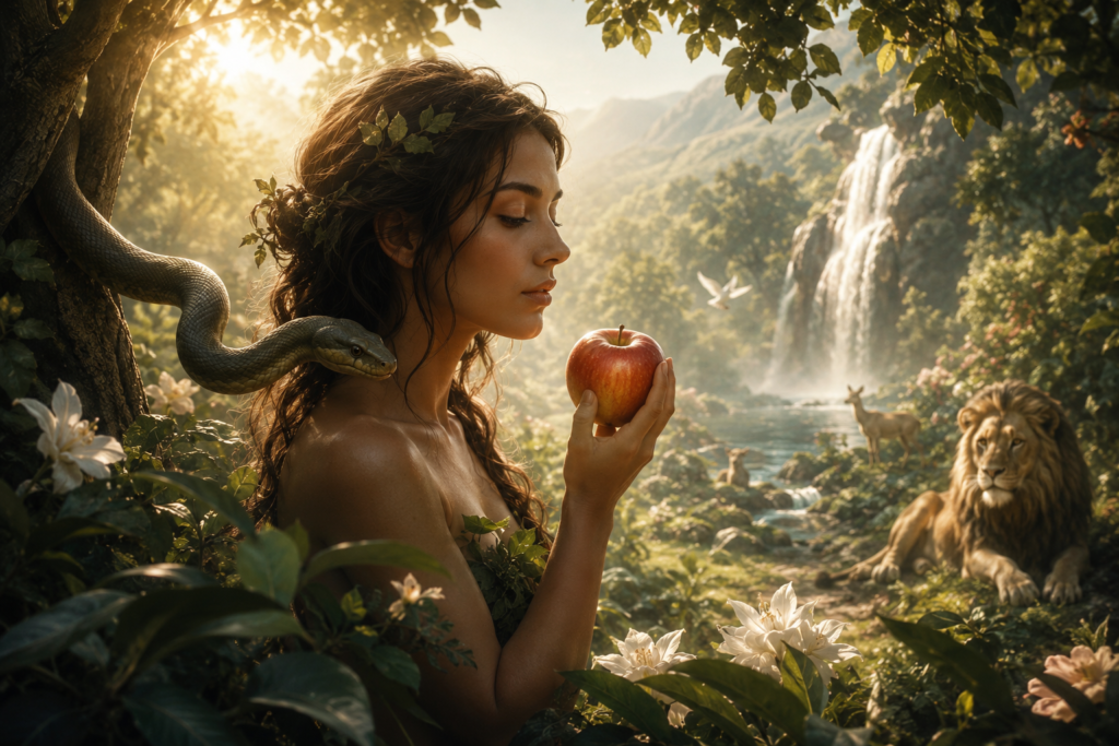Ethereal depiction of Eve in the Garden of Eden holding a red apple beside a serpent, surrounded by lush greenery, a waterfall, peaceful animals, and warm golden sunlight symbolizing spiritual reflection and creation.