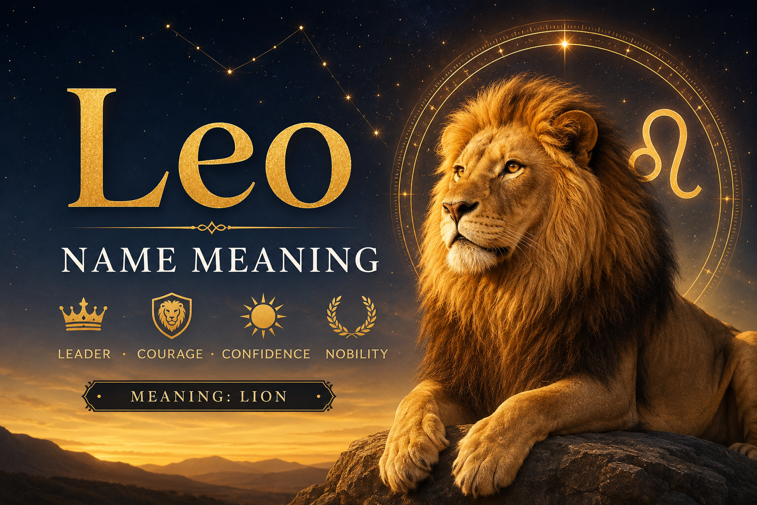 Majestic golden lion standing beneath a glowing sky with subtle biblical-inspired light, symbolizing strength, courage, and leadership for the Leo name meaning. Elegant celestial background with no visible text, ideal as a feature image for an article about the spiritual and biblical meaning of the name Leo.