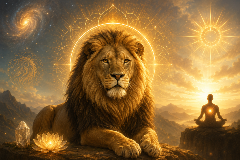 Majestic lion surrounded by golden light, celestial symbols, and a glowing sunrise in a mystical landscape, representing the spiritual meaning of the name Leo with themes of courage, strength, wisdom, and divine guidance.
