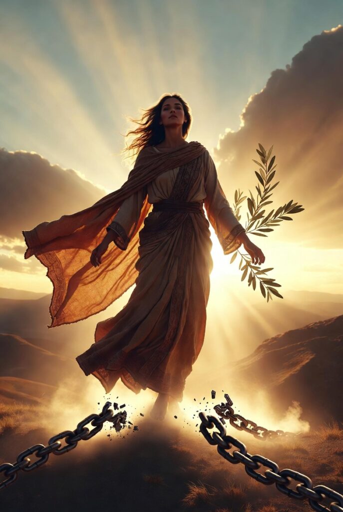 "A serene biblical-inspired illustration of a graceful woman in flowing ancient robes standing triumphantly on a sunlit hilltop. She embodies spiritual freedom and strength, with broken chains at her feet dissolving in golden light. Her arms are gently outstretched, olive branch in hand, under dramatic heavenly rays breaking through clouds over a vast open landscape. Warm, ethereal, and empowering atmosphere with no text."