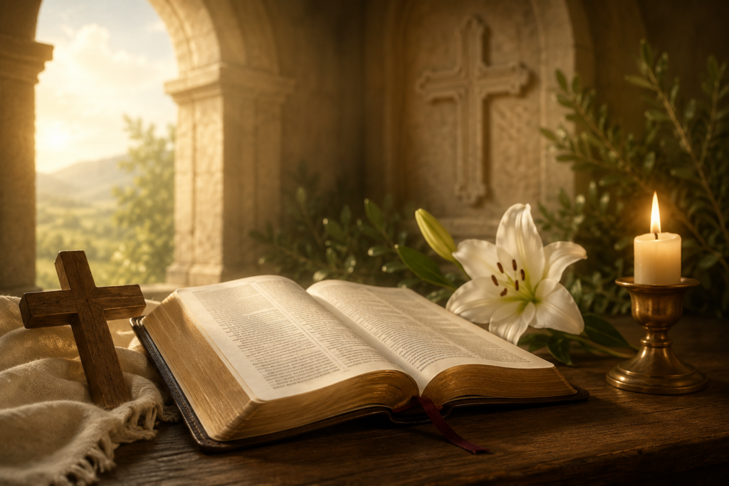 Open Bible with a wooden cross, white lily flower, and candle on a rustic table in a warm golden church setting, symbolizing Christian faith, spirituality, and biblical reflection.