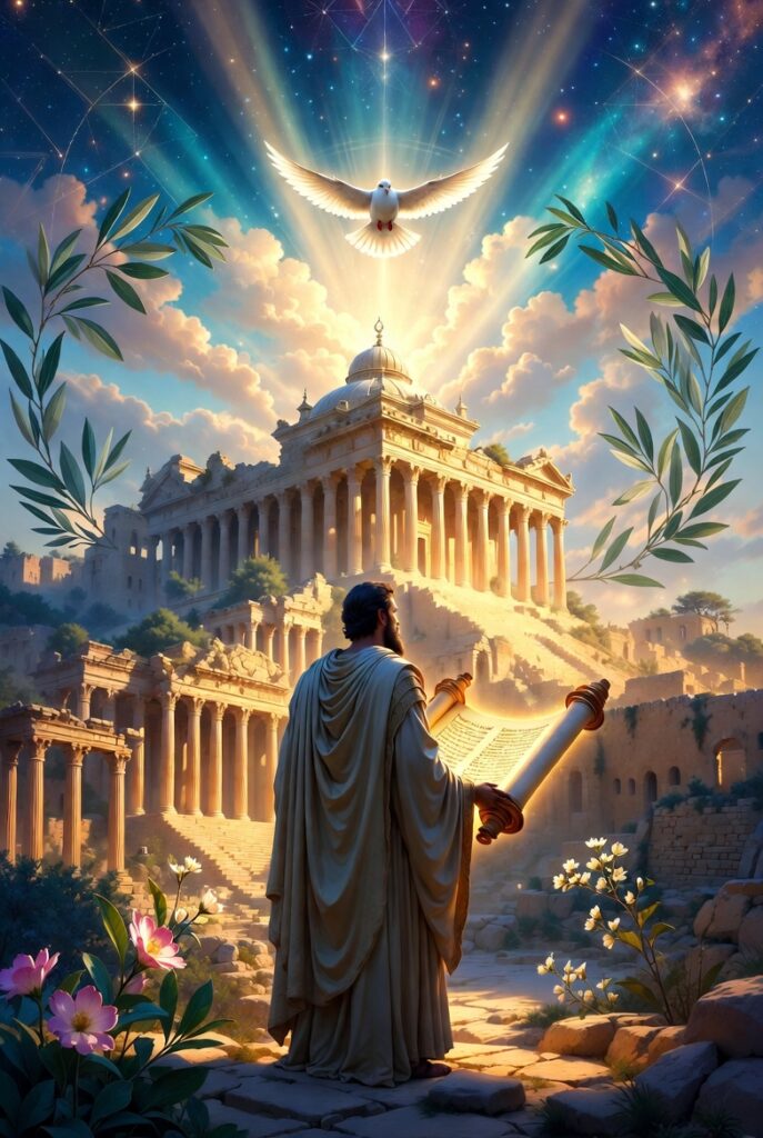 "A mystical symbolic scene representing the spiritual themes of Ezra: An ancient Jewish scribe in flowing robes stands with his back partially turned, holding an open glowing Torah scroll that radiates golden light. In the background rises the majestic rebuilt Second Temple in Jerusalem under a dramatic sky filled with divine rays of light and a white dove symbolizing the Holy Spirit descending from above. Olive branches and blooming flowers frame the composition, evoking themes of restoration, renewal, and spiritual enlightenment. No text appears in the image."