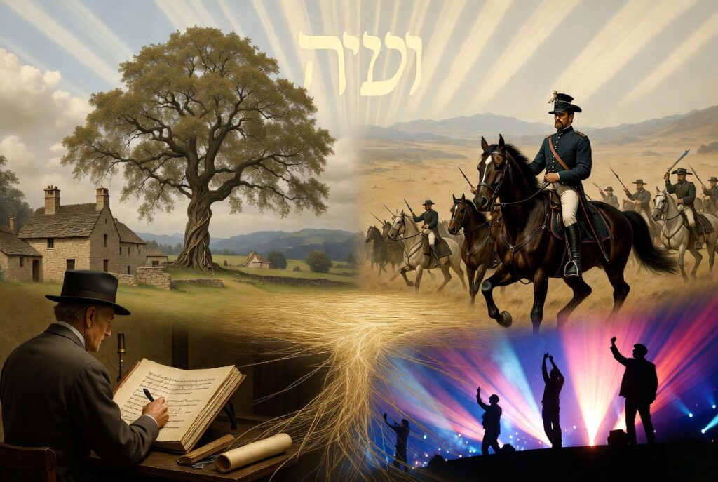 "A text-free historical collage depicting the journey of the name Jackson through time. Medieval English countryside with stone cottages, a scribe at work, and a strong oak tree symbolizing ancient roots and patronymic heritage. Golden threads connect to 19th-century American frontier scenes featuring a military leader on horseback leading troops in battle. The right side shows vibrant modern pop culture stage silhouettes under dramatic spotlights, representing global fame. Warm historical tones blend into bold contemporary colors, with subtle glowing rays in the background evoking deeper origins."