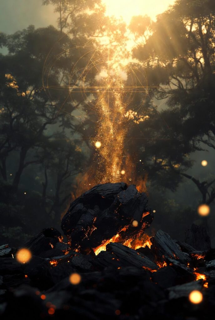 A mystical spiritual scene symbolizing the deeper meaning of the name Colton: glowing embers and radiant golden light ascend from dark burning coal in an ancient misty forest at twilight. Divine rays break through the trees, with ethereal sacred geometry patterns and floating energy orbs, evoking transformation, enlightenment, and inner awakening. Atmospheric and symbolic, no text.