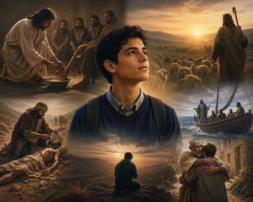 A warm, cinematic collage centers on a thoughtful young man looking upward, illuminated by golden light. Surrounding him are several biblical-inspired scenes: a figure washing another person’s feet, a shepherd watching over a flock at sunrise, a traveler caring for an injured man, a teacher standing in a boat with followers on the water, a solitary person praying on a hilltop at sunset, and an older man embracing a younger person. Soft earth tones, dramatic skies, and glowing light create a refle…