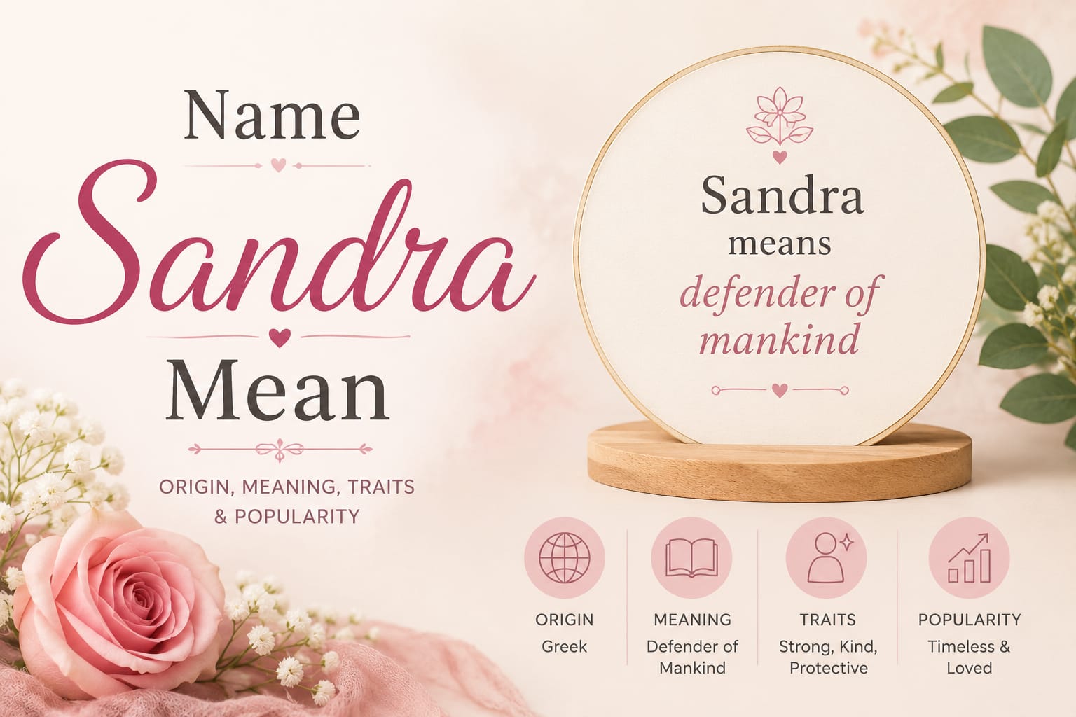 Feature image for “Name Sandra Mean” showing the name Sandra in elegant pink script on a soft floral background. A decorative circular plaque explains that Sandra means “defender of mankind,” with sections highlighting its Greek origin, meaning, personality traits (strong, kind, protective), and popularity. Pink roses, delicate flowers, and minimalist icons create a feminine, modern infographic design