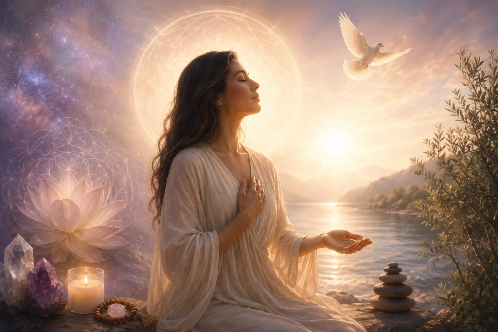 A serene woman in flowing cream-colored robes meditates beside a calm lake at sunrise, surrounded by glowing sacred geometric patterns, a blooming lotus, sparkling crystals, a lit candle, stacked stones, and a white dove in flight. Warm golden light, soft pastel skies, and a peaceful natural landscape create an ethereal, spiritual atmosphere symbolizing inner peace, wisdom, healing, and divine connection.