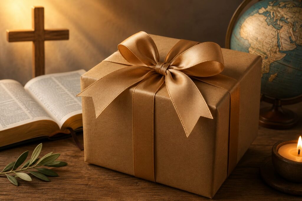 A warmly lit still-life featuring a neatly wrapped gift box tied with a gold ribbon on a rustic wooden table. An open Bible rests beside the gift, with a wooden cross in the background, a globe to one side, a glowing candle, and a small sprig of greenery completing the peaceful, faith-inspired scene. No text appears in the image.