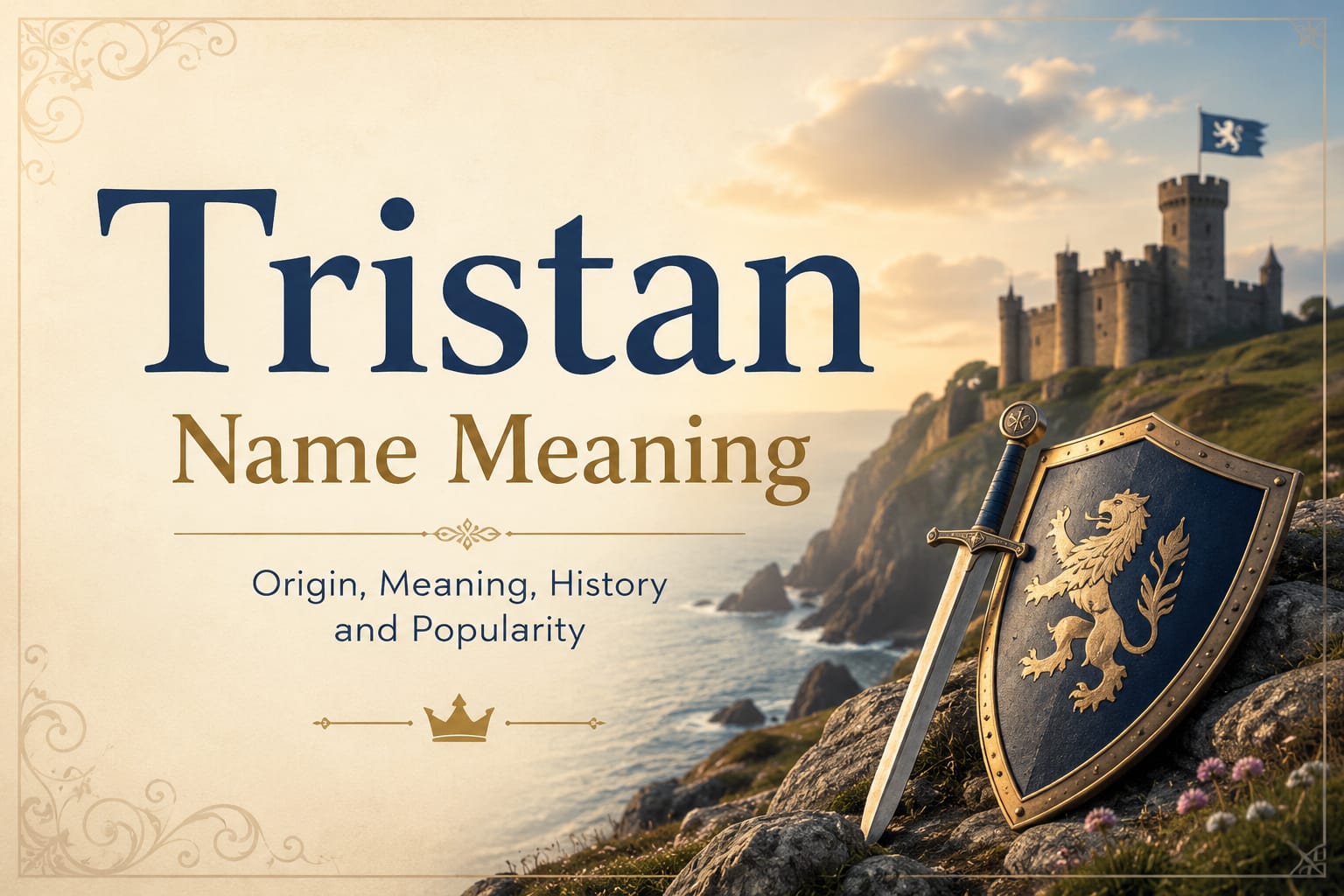 Tristan Name Meaning feature image with elegant serif typography, a medieval castle overlooking the sea, and a sword and shield symbolizing the name's legendary Celtic origins, history, and popularity.
