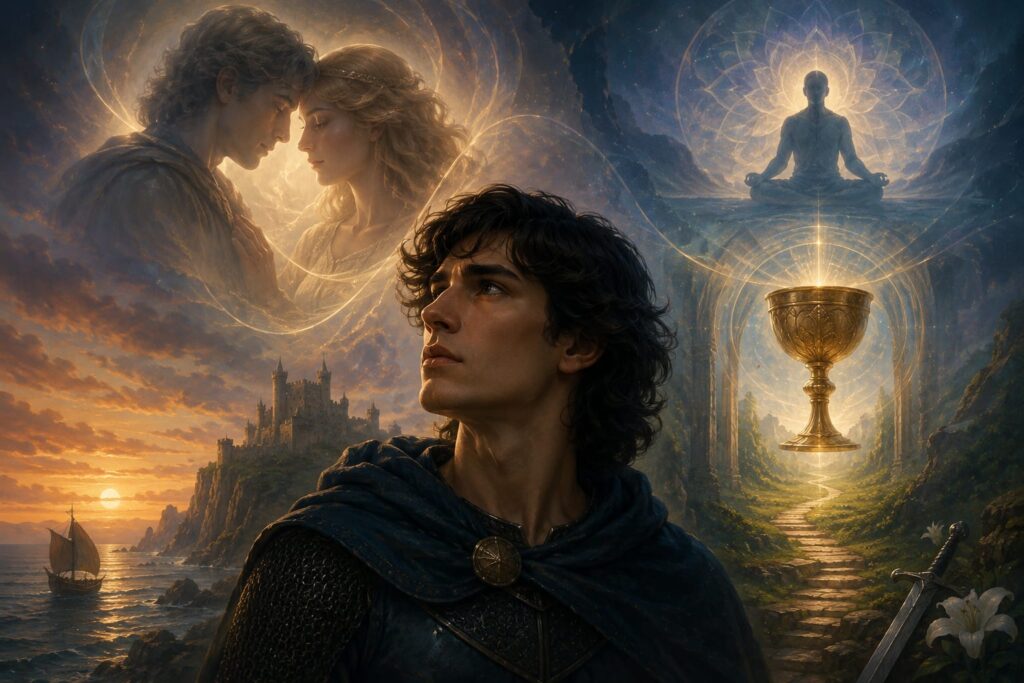 A mystical fantasy illustration featuring a thoughtful young man in medieval clothing gazing upward in the foreground. Behind him, a dramatic landscape blends a golden seaside sunset with a castle on rocky cliffs and a glowing forest path leading to a radiant golden chalice. Above, an ethereal couple faces each other in a halo of light, while a serene figure meditates within a luminous mandala. A sword and white lilies rest in the lower corner, and swirling celestial light connects all elements, creating a dreamlike atmosphere of love, destiny, spiritual awakening, and inner transformation