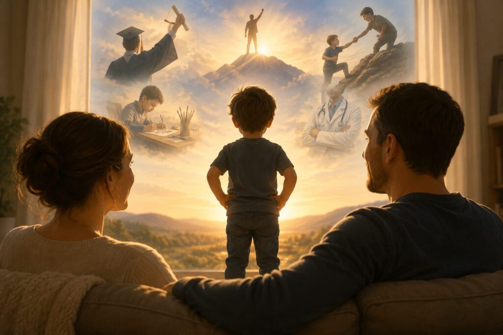 A warm, golden-lit scene shows a young child standing confidently in front of a large window while two parents sit behind, watching with pride and hope. Above the child, soft, dreamlike visions depict future possibilities, including academic success, personal achievement, helping others, creativity, and overcoming challenges. The glowing light and symbolic imagery convey optimism, love, and the parents' aspirations for their child's future.