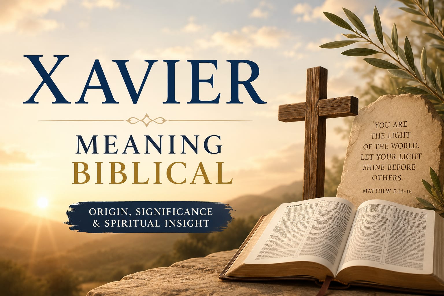 Feature image for “Xavier Meaning Biblical” showing the name Xavier in large lettering beside a wooden cross, an open Bible, and a scripture-inscribed stone illuminated by a golden sunrise, symbolizing faith, spiritual meaning, and biblical significance.
