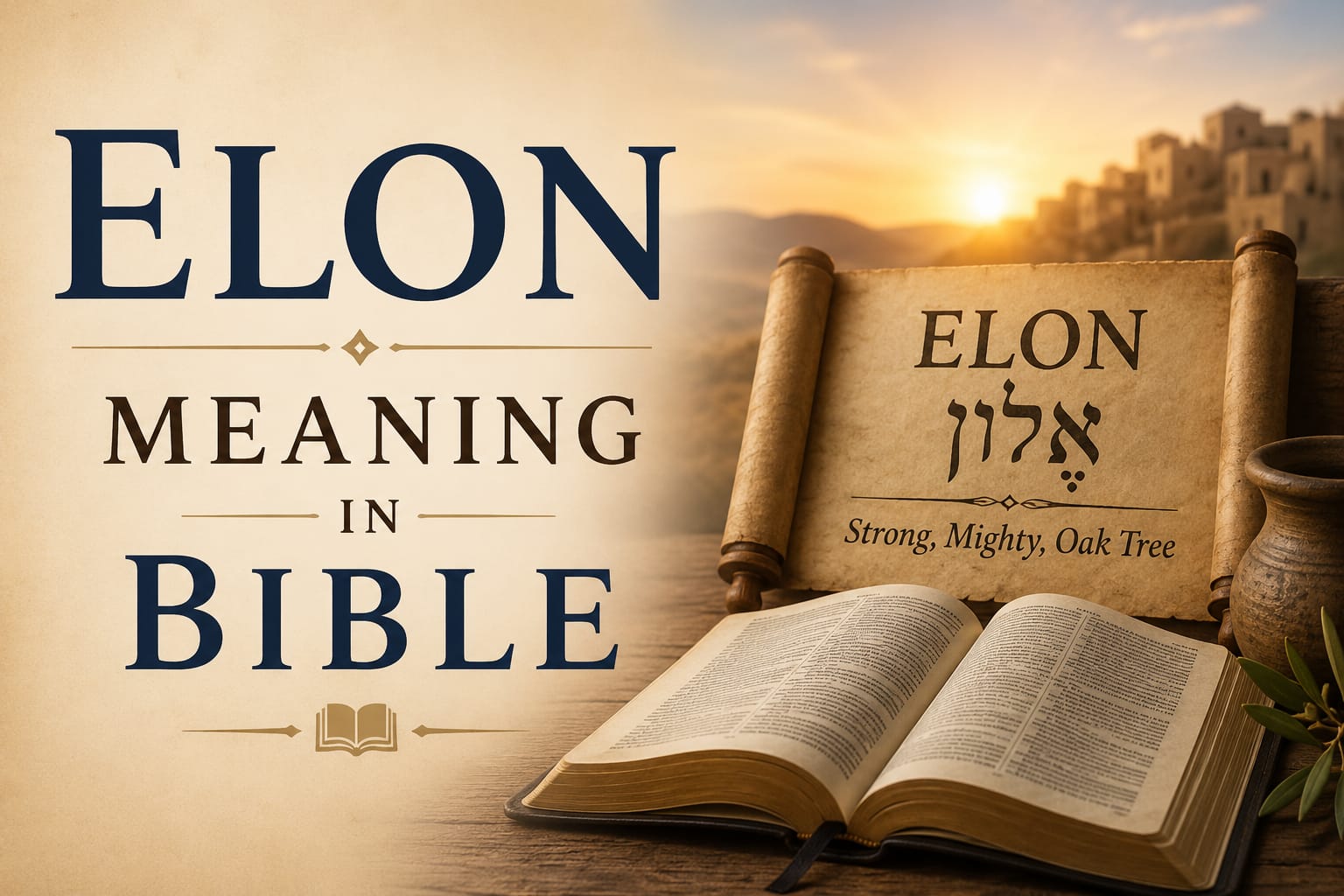 An open Bible beside an ancient scroll labeled Elon, with warm golden sunrise lighting, a clay jar, and a biblical landscape, symbolizing the biblical meaning and heritage of the name Elon.