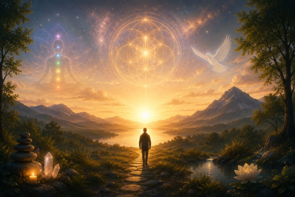A serene biblical-inspired landscape with a majestic oak tree overlooking rolling hills at sunrise, symbolizing strength, endurance, and spiritual growth, with warm golden light illuminating a peaceful valley.