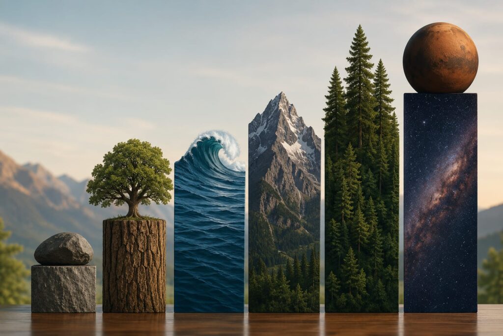 A serene nature-inspired illustration featuring diverse landscapes, including lush forests, majestic mountains, flowing water, rocky terrain, and open skies, symbolizing a visual comparison of natural elements without any text or labels.
