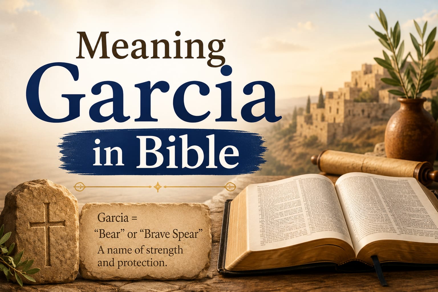 Feature image depicting an open Bible, ancient stone buildings, a carved cross, parchment scrolls, and olive branches in warm golden light, symbolizing the biblical meaning and spiritual significance of the name Garcia.