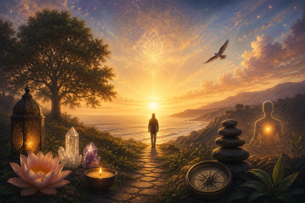 A richly detailed symbolic illustration featuring an ornate heraldic shield with a golden lion at its center, surrounded by a rugged coastline, a majestic tree, a medieval stone tower, a soaring eagle, a compass, an anchor, a sword, olive branches, and a family silhouette beneath a glowing sunset, representing heritage, strength, guidance, protection, and enduring legacy.