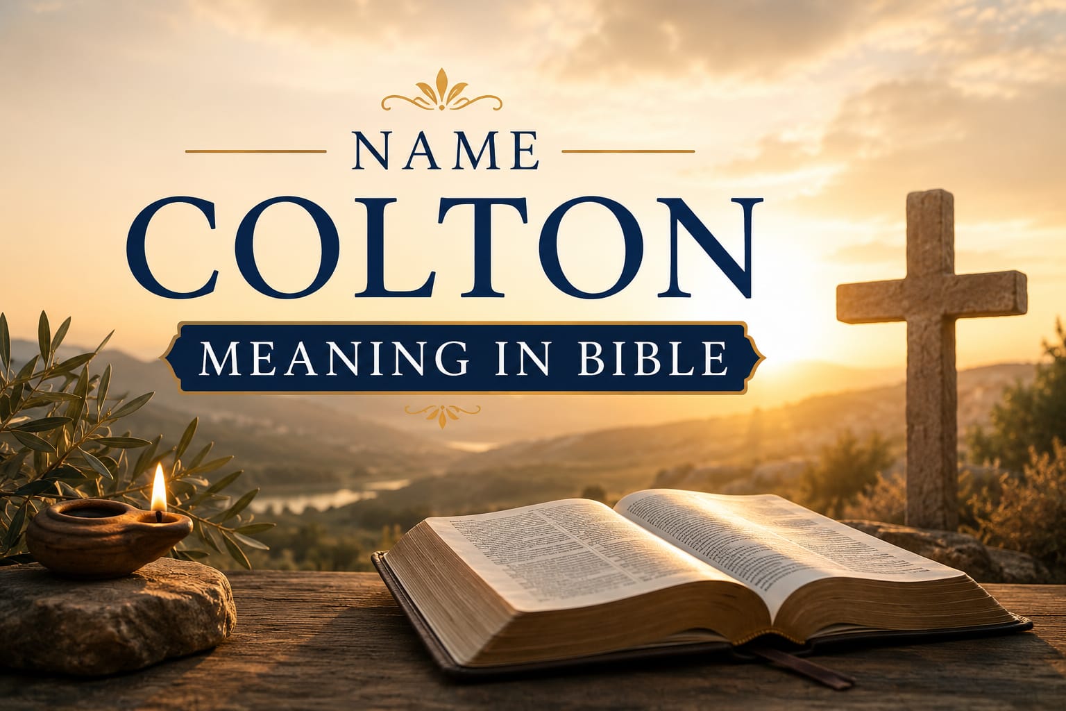 Feature image for “Colton Meaning in Bible” showing an open Bible on a wooden table at sunrise, a stone cross overlooking rolling hills, and a lit oil lamp. Warm golden light fills the peaceful landscape, creating a spiritual and biblical atmosphere. The title “Colton Meaning in Bible” is displayed prominently in elegant serif typography