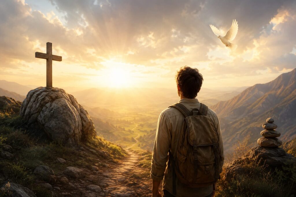 A peaceful spiritual landscape at sunrise featuring a traveler standing on a mountain path, gazing toward a radiant horizon. A wooden cross rests on a rocky outcrop while a white dove soars through golden clouds above, symbolizing faith, guidance, hope, and spiritual purpose.