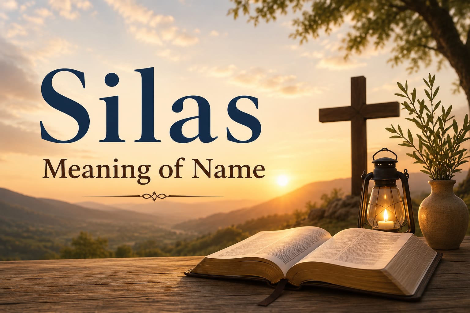 Feature image for “Silas Meaning of Name” showing the name Silas prominently over a peaceful golden sunset landscape, with an open Bible, glowing lantern, wooden cross, and greenery, symbolizing faith, wisdom, and biblical heritage