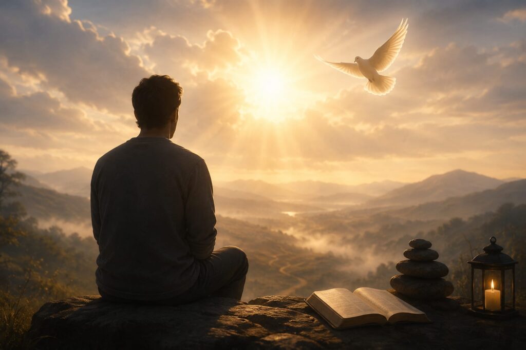A solitary person sits on a rocky overlook at sunrise, gazing across a misty valley and distant mountains. An open book, a glowing lantern, and a stack of stones rest nearby, while a white dove soars through golden rays of light, creating a peaceful scene of spiritual reflection, guidance, and inner strength.