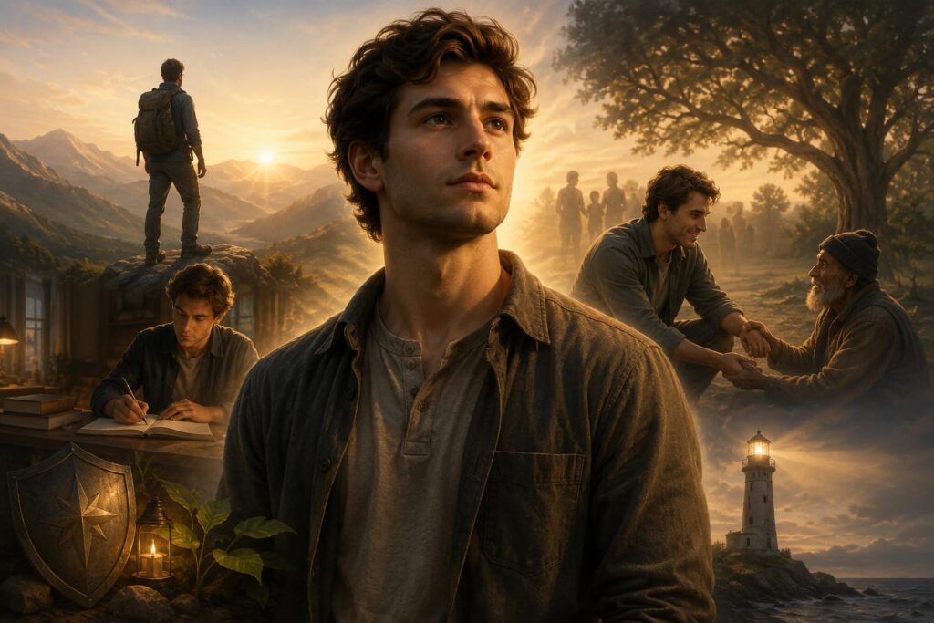 A warm, cinematic portrait of a thoughtful young man surrounded by symbolic scenes representing positive personality traits. In the background, he explores mountain landscapes, studies at a desk with books, offers kindness through a helping handshake, and stands near a lighthouse symbolizing guidance and reliability. Golden sunlight, a large tree, and natural elements create an inspiring atmosphere of wisdom, compassion, determination, and leadership.