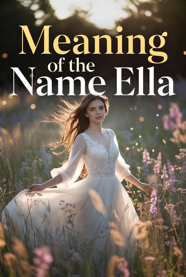 "Elegant young woman in a flowing white dress standing in a sunlit wildflower meadow at golden hour, with soft fairy lights. Large text overlay reads 'Meaning of the Name Ella'."