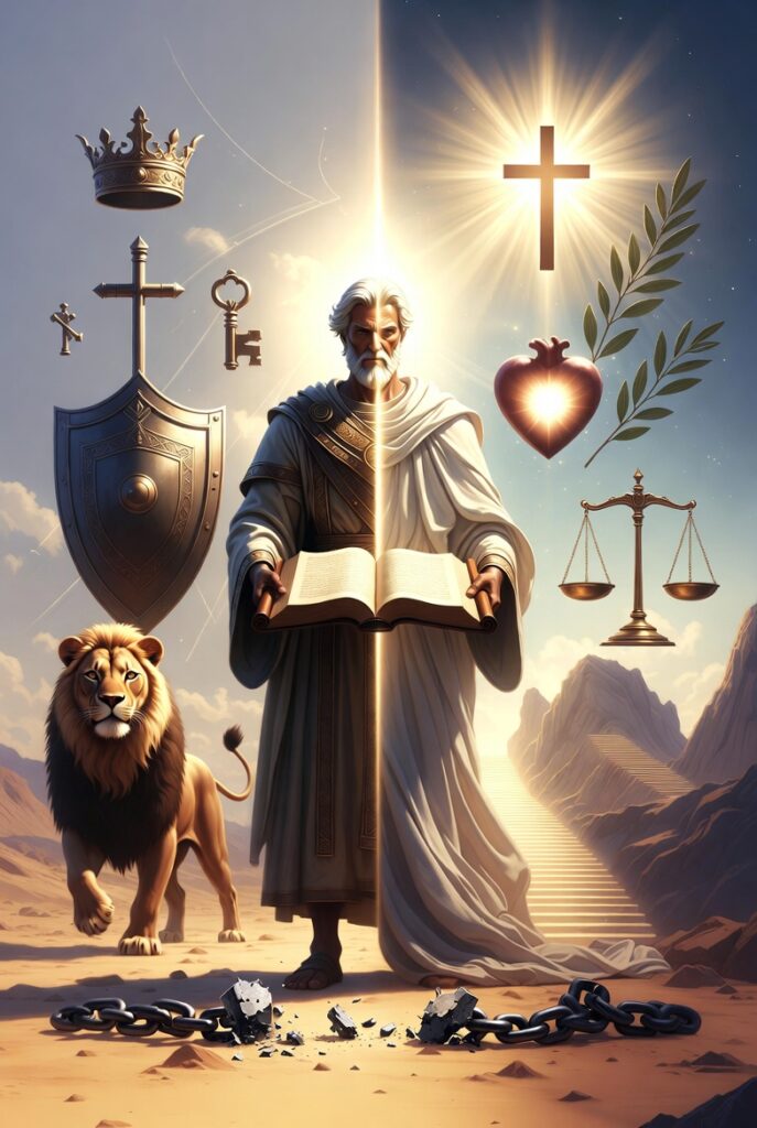 Symbolic split composition without text: A dignified older man in flowing ancient biblical robes stands powerfully at the center, holding an open ancient scroll. Broken chains lie at his feet symbolizing freedom. To his left, a majestic lion, a large shield, a crown, and crosses evoke strength, courage, and leadership in a desert landscape. To his right, radiant heavenly light with a glowing cross, a luminous heart, olive branches, and scales of justice represent core biblical principles. Golden beams connect both sides, creating a harmonious blend of personal liberation and spiritual truth in a dramatic, inspirational biblical style.
