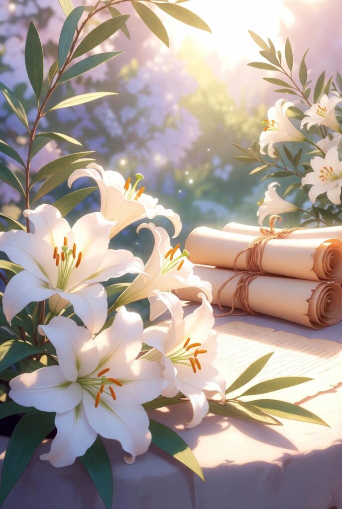 "A serene biblical-inspired illustration featuring elegant white lilies and olive branches bathed in soft golden light, with ancient scrolls in the background. Peaceful garden setting evoking grace, beauty, and spiritual meaning. No text present."