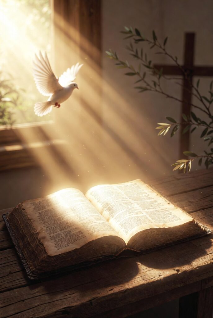 "A serene biblical scene with an open ancient Bible glowing with divine golden light on a rustic wooden table. Soft heavenly rays illuminate the pages from above, while a white dove flies nearby symbolizing the Holy Spirit. Olive branches and a simple wooden cross appear in the warm, peaceful background, evoking a spiritual and sacred atmosphere."