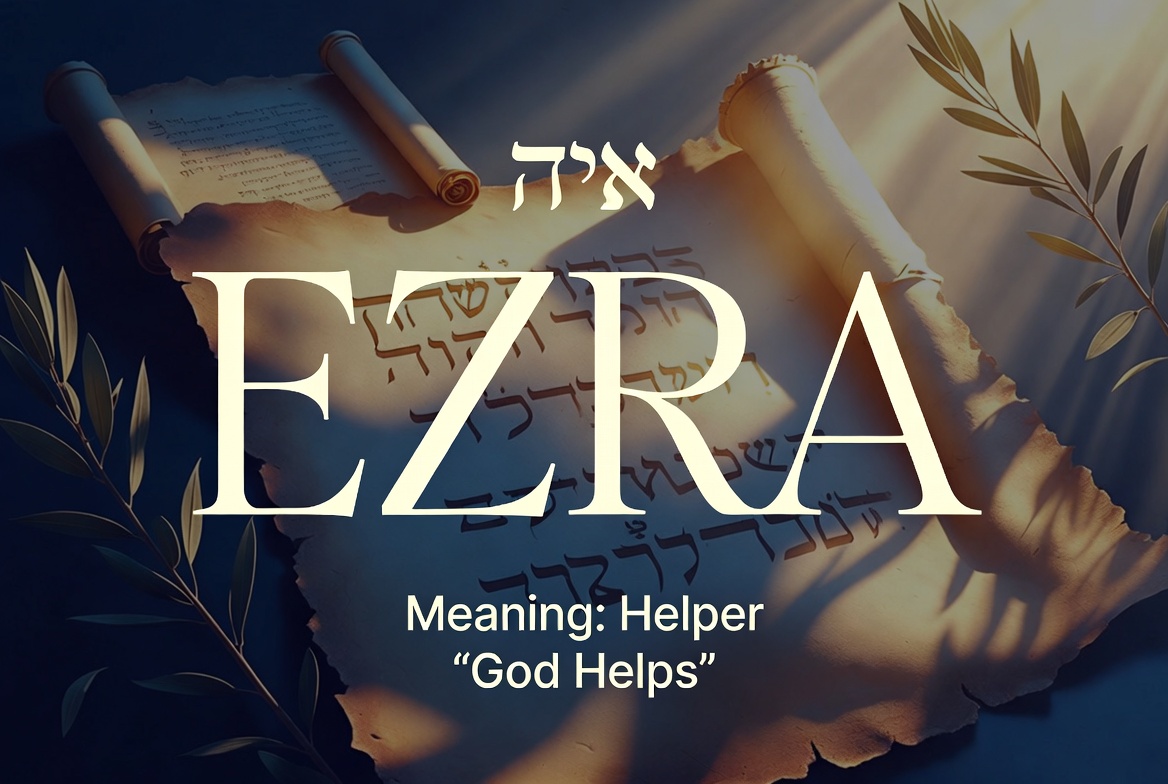 Ezra name meaning: Helper or "God Helps" - Beautiful biblical feature image with ancient scrolls and Hebrew text