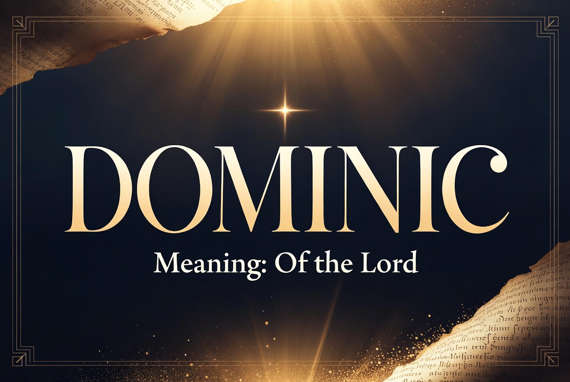 "Dominic name meaning feature image: Elegant gold typography of 'DOMINIC' with 'Meaning: Of the Lord' displayed over a dramatic dark navy background with radiant golden light rays, ancient manuscript scrolls, and subtle divine sparkles."
