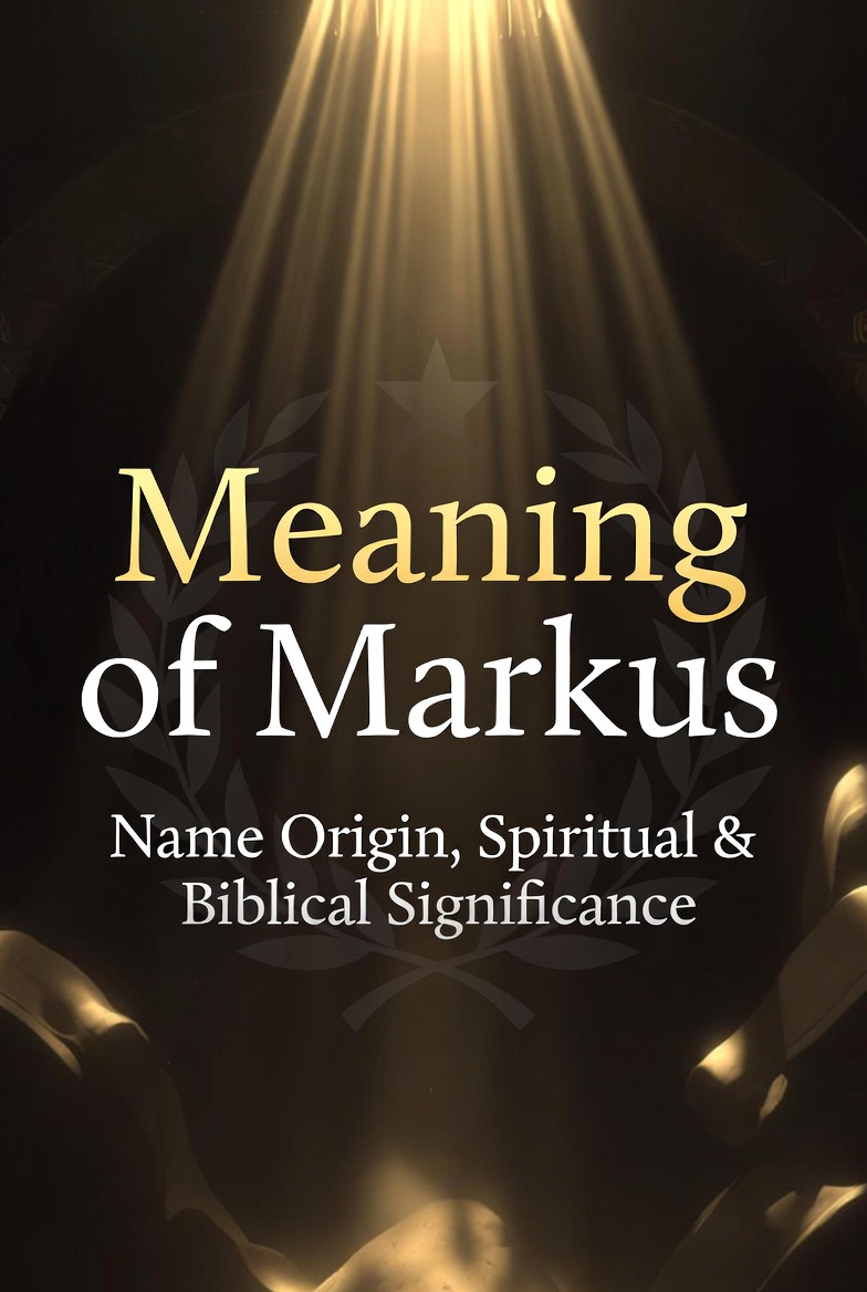 Elegant feature image for the article "Meaning of Markus" with dramatic golden light rays shining down on bold text "Meaning of Markus" in gold and white, subtitle "Name Origin, Spiritual & Biblical Significance", set against a dark mysterious background with laurel and star motifs.