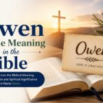A inspirational graphic titled "Owen Name Meaning in the Bible" featuring an open Bible in the foreground with a wooden plaque resting on it that reads "Owen" and "GOD IS GRACIOUS". In the background is a glowing sunset with a Christian cross on a hill and olive branches. The design includes the text "Discover the Biblical Meaning, Origin and Spiritual Significance of the Name Owen." with a small book-and-cross icon. The overall theme is serene and faith-based.