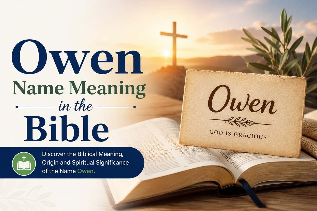 A inspirational graphic titled "Owen Name Meaning in the Bible" featuring an open Bible in the foreground with a wooden plaque resting on it that reads "Owen" and "GOD IS GRACIOUS". In the background is a glowing sunset with a Christian cross on a hill and olive branches. The design includes the text "Discover the Biblical Meaning, Origin and Spiritual Significance of the Name Owen." with a small book-and-cross icon. The overall theme is serene and faith-based.