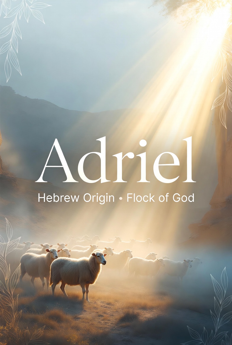 "Adriel Name Meaning - Hebrew origin, meaning 'Flock of God'. Beautiful spiritual feature image with a peaceful flock of sheep in golden sunrise light, evoking biblical heritage."