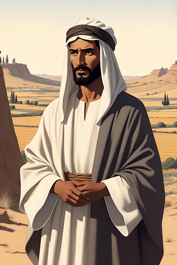"Biblical illustration of Adriel, a noble ancient Israelite man from the era of King Saul. He stands confidently in traditional white and dark robes with a head covering, in a sunlit ancient Middle Eastern landscape with hills and fields. Simple, clear historical art style."