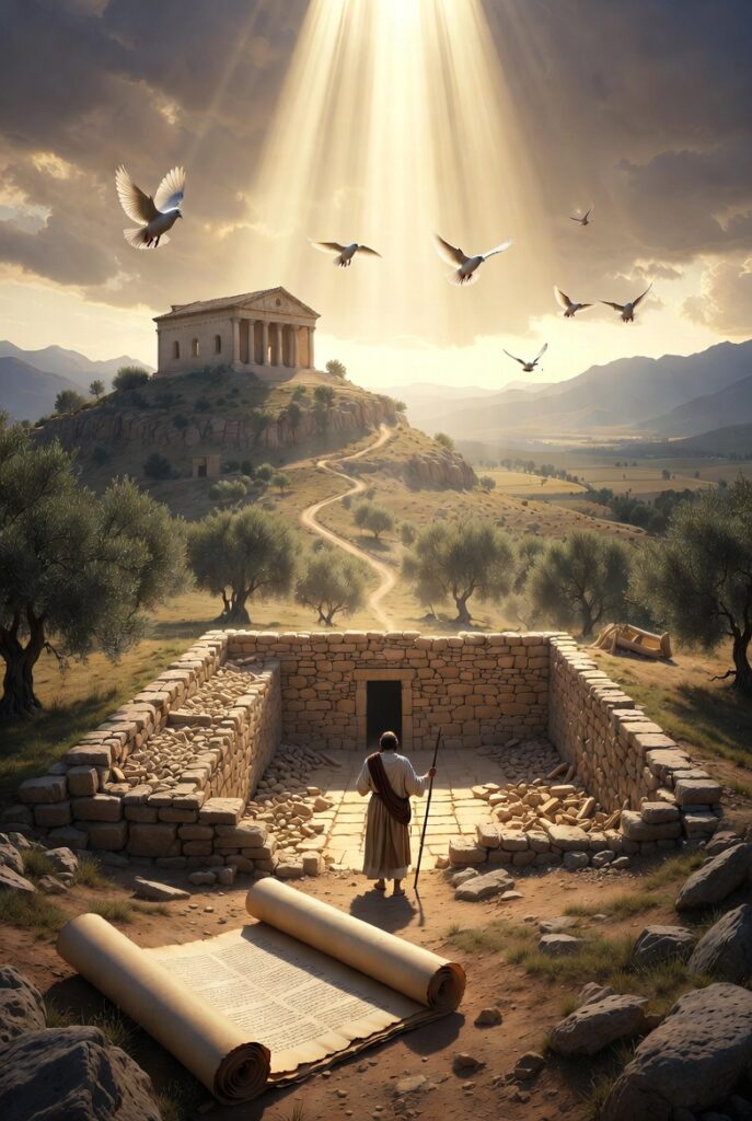 "Symbolic biblical illustration representing the name Xavier: A figure in ancient robes stands at the foundation of a new stone house being built, with dramatic heavenly light rays shining down. In the background, a winding path leads to a classical temple on a hill surrounded by olive trees and mountains, with white doves flying across a golden sky. An unrolled ancient scroll lies in the foreground. Serene, sacred, and cinematic atmosphere with no text."
