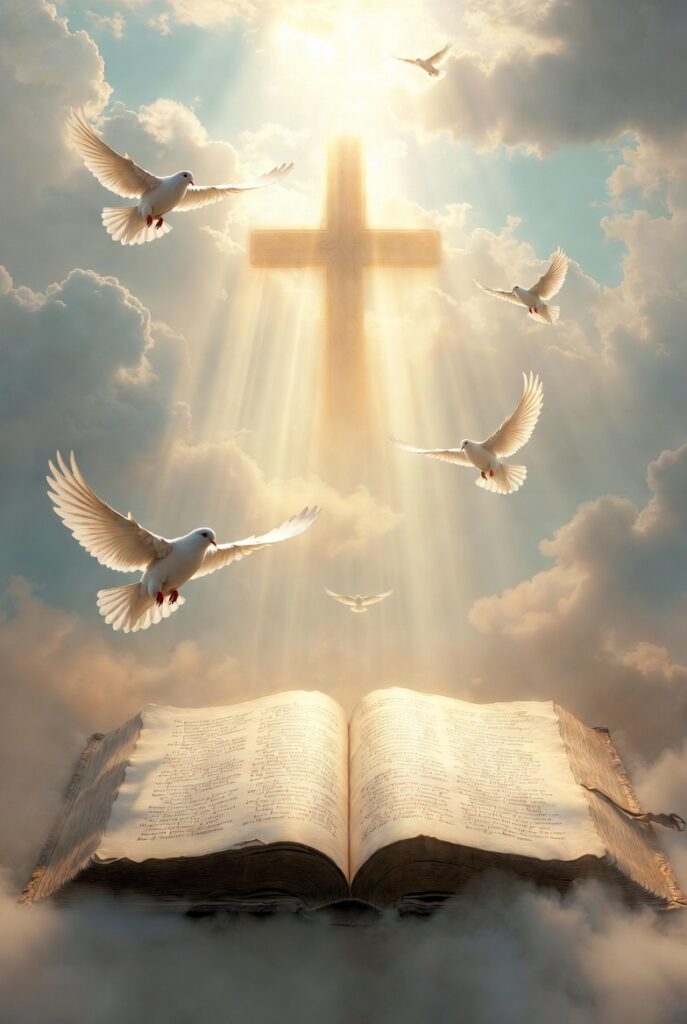 A serene spiritual scene symbolizing the name Dominic ("of the Lord"): radiant golden divine light breaks through clouds onto a glowing cross, with white doves flying gracefully around it. In the foreground, an open ancient illuminated book rests among soft clouds, evoking faith, sacred wisdom, and divine connection. Peaceful, ethereal atmosphere in warm gold and blue tones.