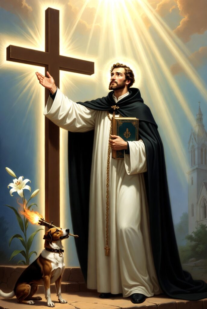"Symbolic religious illustration of Saint Dominic in traditional white Dominican habit and black cloak. He stands reverently reaching toward a large glowing cross with divine golden light streaming down from heaven, while holding an open Bible. At his side is a small dog with a flaming torch in its mouth and a white lily flower, with a medieval church visible in the background. Serene sacred atmosphere with warm golden and blue tones, no text."