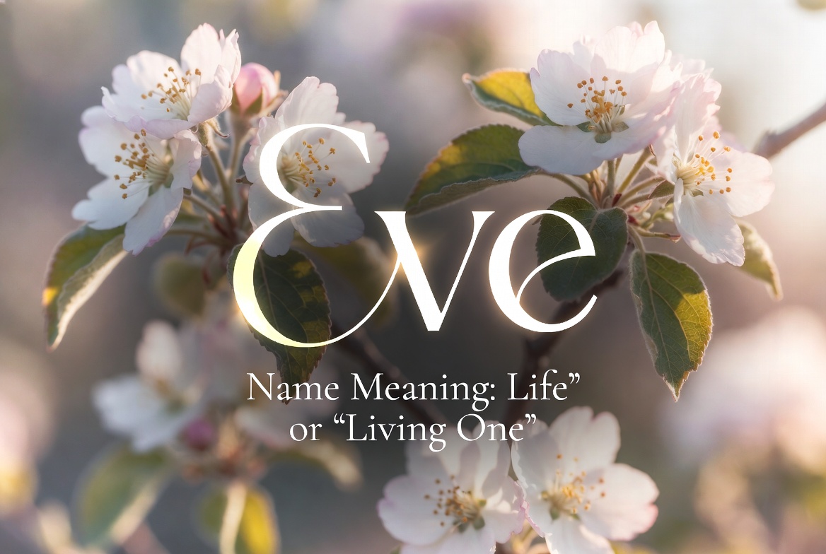 "Eve Name Meaning: Life - Beautiful feature image with elegant white calligraphy of the name Eve over soft blooming apple blossoms and garden elements in a dreamy pastel style."