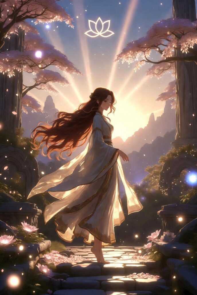 A serene fantasy illustration of a young woman named Charlotte with long flowing auburn hair, wearing a white and gold robe, walking barefoot along an ancient glowing stone path. She is surrounded by cherry blossoms, mystical light orbs, ancient trees, and radiant sunrise beams over distant mountains, evoking a peaceful spiritual journey. Ethereal fantasy style with magical atmosphere.