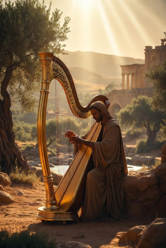 A serene biblical scene of a robed figure playing a large ornate golden harp in an ancient Middle Eastern landscape at golden hour, with divine light rays, olive trees, stone ruins, and a peaceful river. Ethereal and harmonious atmosphere. No text in the image.