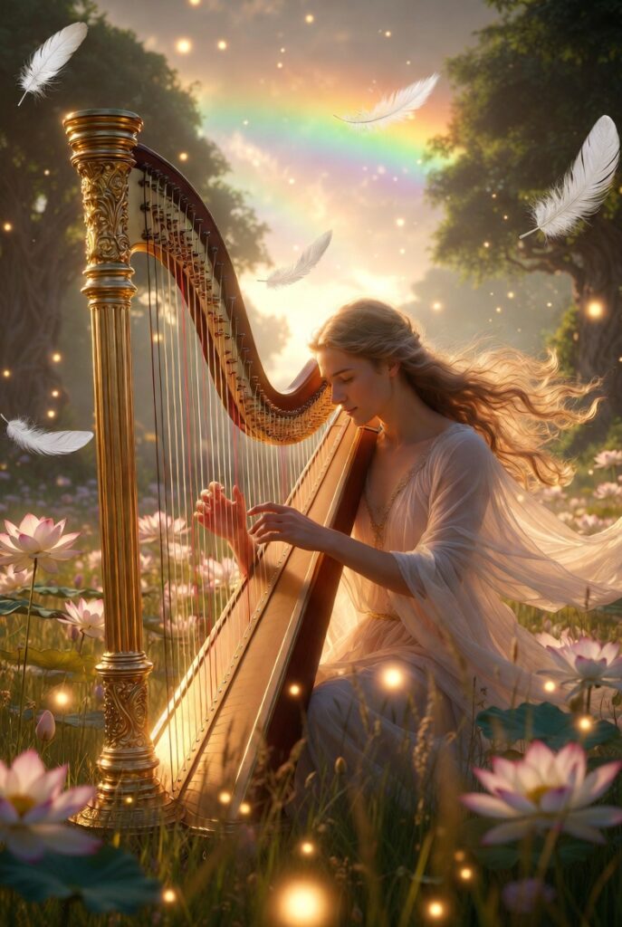 "Ethereal woman with flowing golden hair playing a large ornate golden harp in a mystical meadow filled with blooming lotus flowers. White feathers drift through the air as soft glowing lights and a rainbow appear in the heavenly sky, evoking peace, spirituality, and divine harmony."