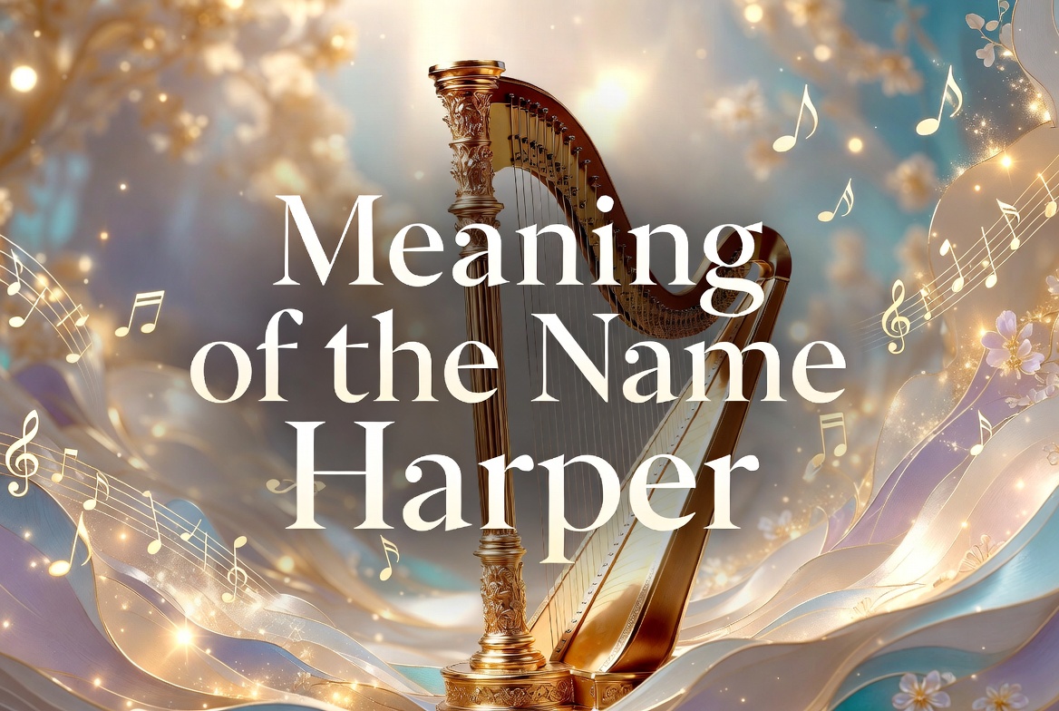 "Feature image for the article 'Meaning of the Name Harper'. A beautiful golden harp glows in the center, surrounded by floating musical notes and sparkling light against a dreamy blue and gold background with soft floral accents. Elegant white text overlay reads 'Meaning of the Name Harper'."